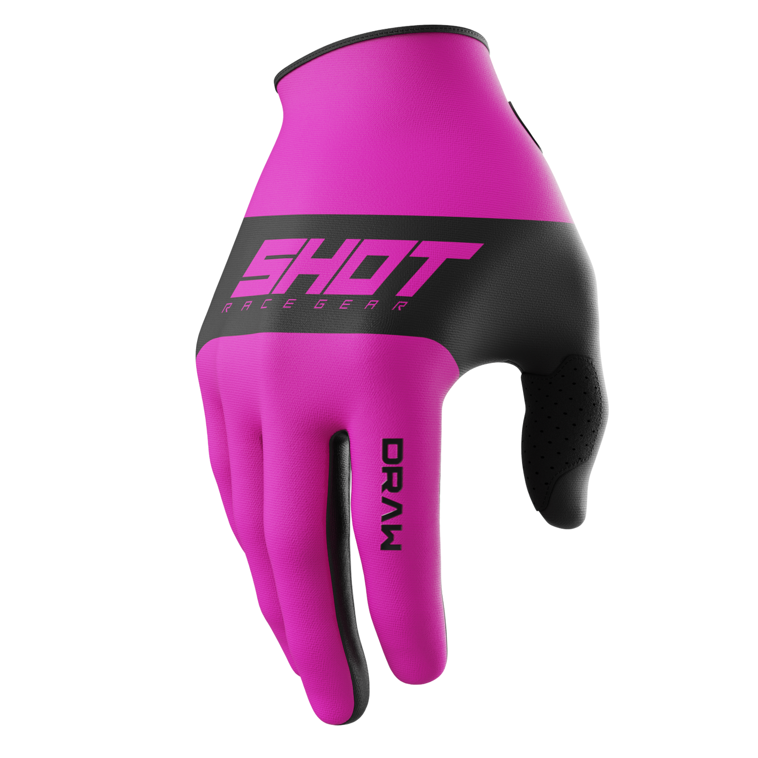 SHOT Racegear Draw Kids Gloves in pink and black neoprene, textured palm, bold SSS Racing branding, glossy logo band, stripe