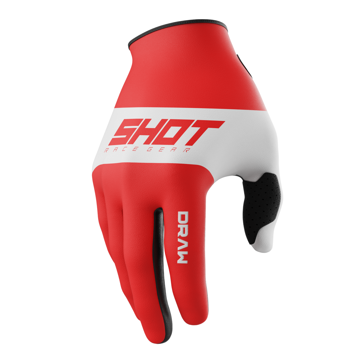SHOT Racegear Draw Kids Gloves in red and white synthetic leather with black grip palms and reinforced stitching, SSS Racing