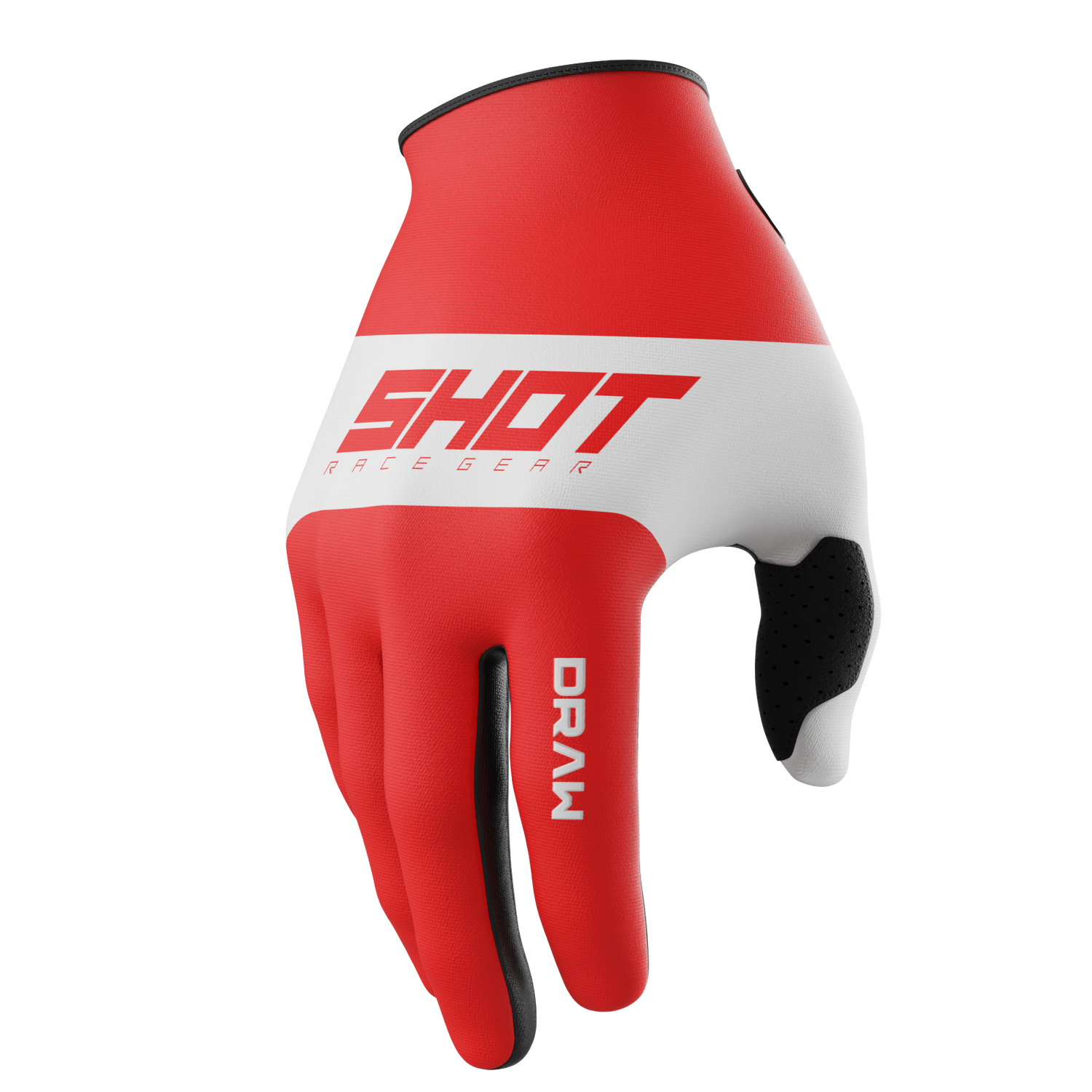 SHOT Racegear Draw Kids Gloves in red and white synthetic leather with black grip palms and reinforced stitching, SSS Racing