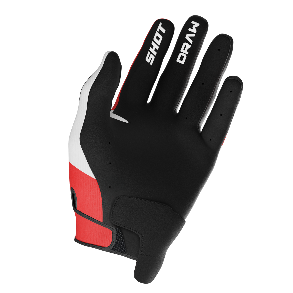 SHOT Racegear Draw Kids Gloves by SSS Racing in black-red with white accents, synthetic leather palm, Velcro strap, classic.