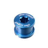 Dia-Compe Chainring Bolts 6.5mm, blue aluminum, CNC-machined with star socket, anodized finish, SSS Racing branding on top.