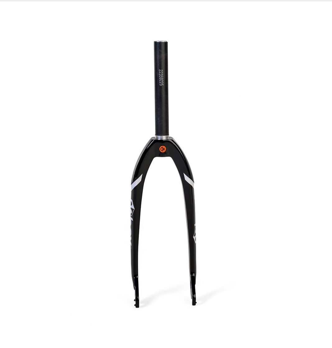 Box One XS Mini Carbon Forks 1” black matte carbon fiber with white decals, 1-1/8” steerer. Ideal for BMX racing. 