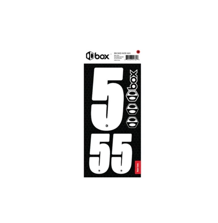 Box Two Number Plate Sticker Kits - White displays white digits 5 and 55 on a black hex pattern sheet with logo and red tag
