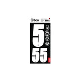 Box Two Number Plate Sticker Kits - White displays white digits 5 and 55 on a black hex pattern sheet with logo and red tag
