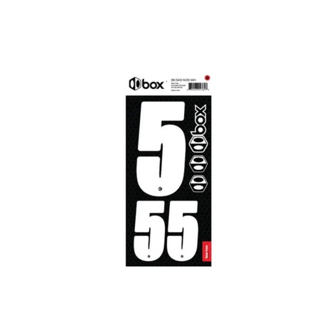 Box Two Number Plate Sticker Kits - White displays white digits 5 and 55 on a black hex pattern sheet with logo and red tag