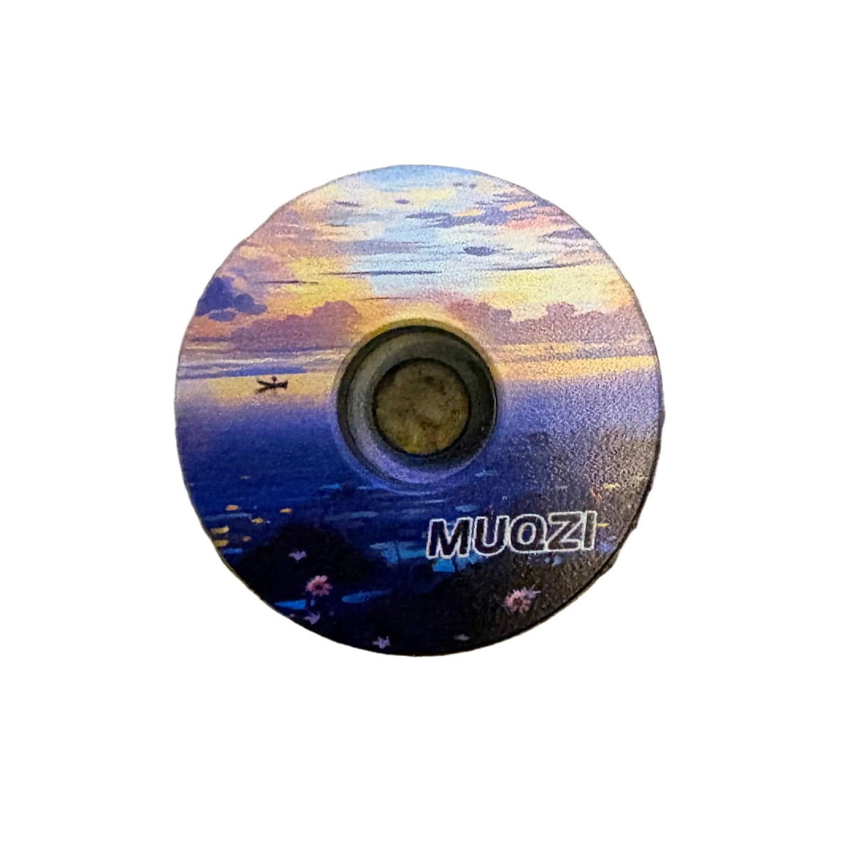 Stem Headset Top Cap by SSS Racing aluminum alloy, blue purple sunset gradient, ocean scene art, glossy anodized finish.