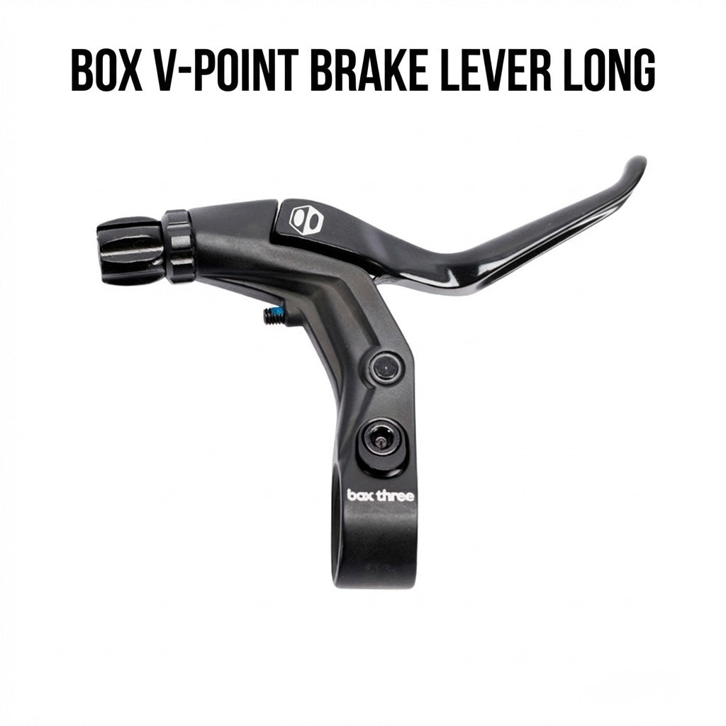 Box Three V-Point Long Reach Brake Lever by SSS Racing, matte black aluminum lever, knurled adjustment knob, logo emblem.