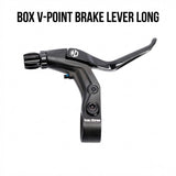 Box Three V-Point Long Reach Brake Lever by SSS Racing, matte black aluminum lever, knurled adjustment knob, logo emblem.