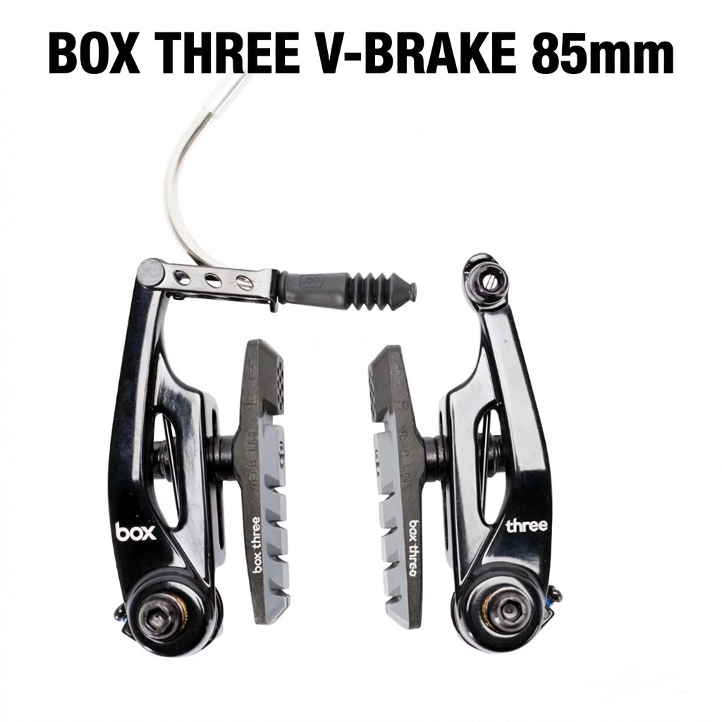 SSS Racing Box Three V-Brake 85mm (Short): black alloy arms, silver brake pads, chrome cable, matte finish, compact calipers