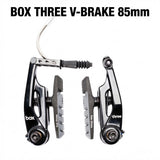 SSS Racing Box Three V-Brake 85mm (Short): black alloy arms, silver brake pads, chrome cable, matte finish, compact calipers