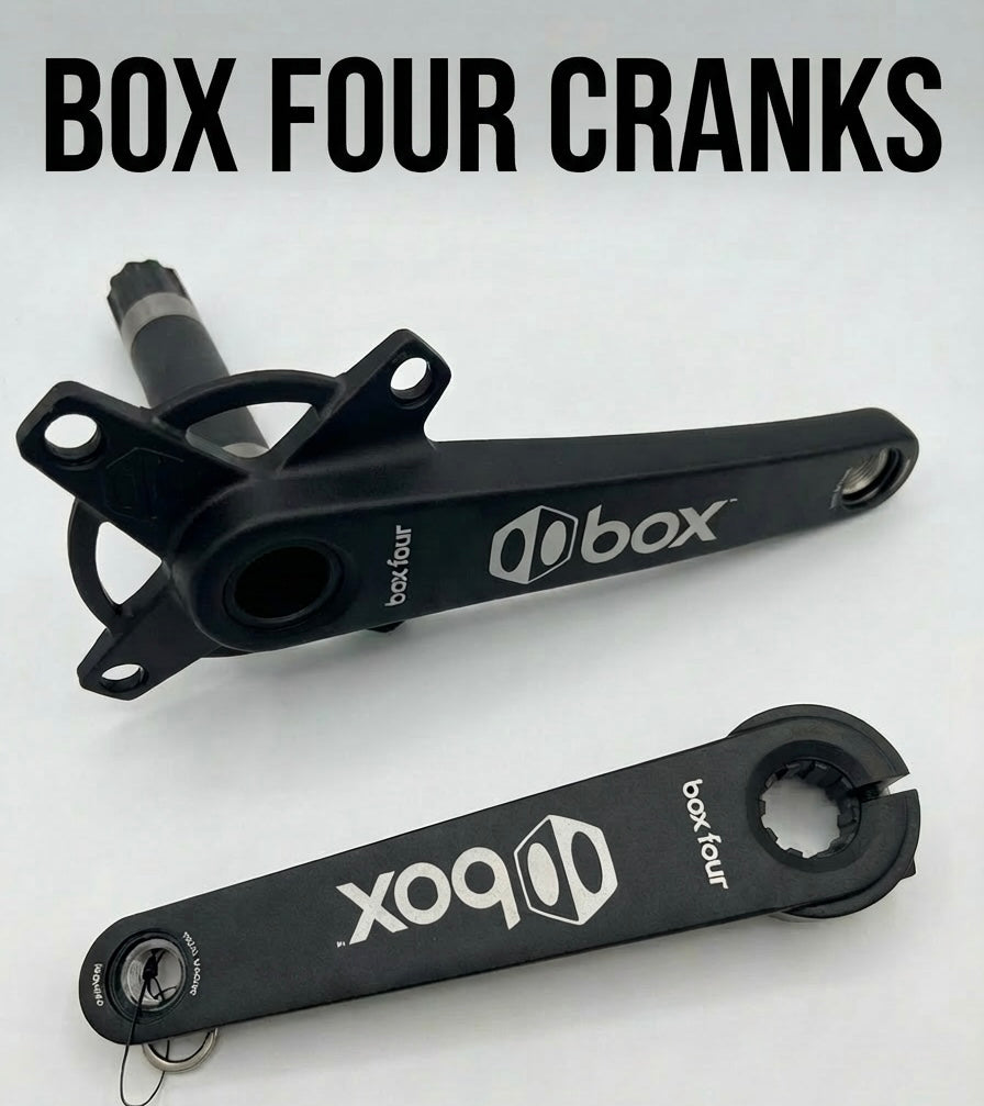 Box Four 2-Piece Crankset by SSS Racing in matte black aluminum with white logo, compact hollow-arm design, 165mm crank setup