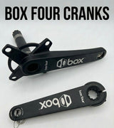Box Four 2-Piece Crankset by SSS Racing in matte black aluminum with white logo, compact hollow-arm design, 165mm crank setup