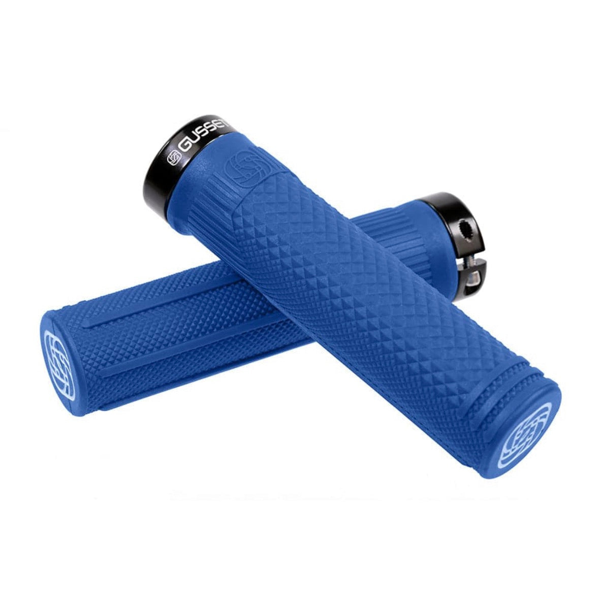 Gusset S2 Lock-On Grip blue silicone handlebar grip by SSS Racing with diamond knurl texture, blue end caps, alloy clamp.
