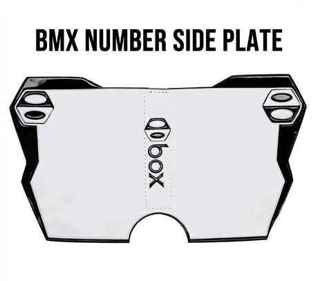 Box Two BMX Side Number Plate by SSS Racing: white aluminum plate with black edge trim, hex bolt accents and centered logo