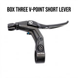 Box Three V-Point Short Reach Brave Lever by SSS Racing in matte black aluminum with ergonomic lever and blue bolt clamp