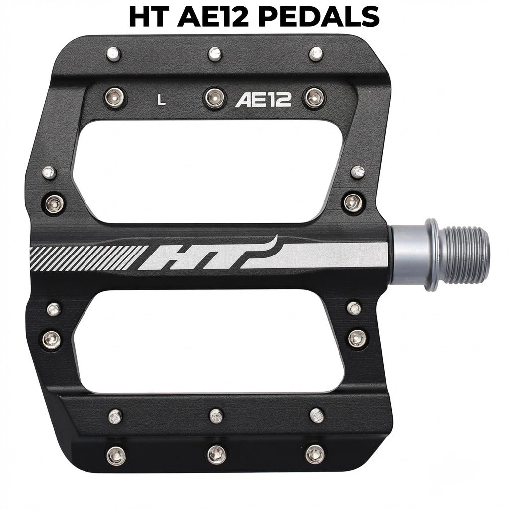 HT AE12 Pedals (Junior) SSS Racing: black aluminum frame, silver spindle, matte finish, L/R markers, rugged CNC build. 