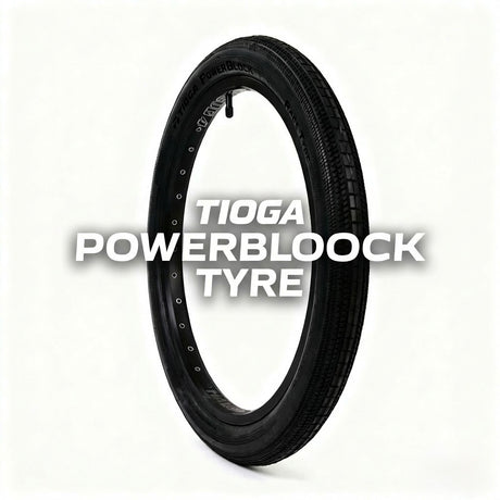 SSS Racing Tioga Powerblock 20” Tyre showcases black rubber tread, glossy sidewalls, silver branding bead-to-bead durability.