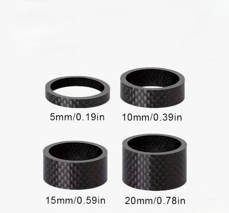 Carbon Headset Spacers 1-1/8" (Pack of 4) four black patterned circular spacers in ascending heights: 5mm, 10mm, 15mm, 20mm