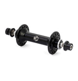 Box Three Stealth Expert Front Hub in black with a cylindrical body, perforated flanges, silver bearings, and compact caps.