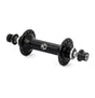 Box Three Stealth Expert Front Hub in black with a cylindrical body, perforated flanges, silver bearings, and compact caps.