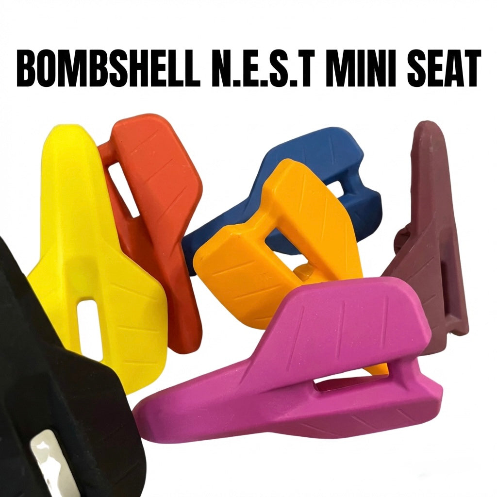 Bombshell N.E.S.T Mini Seat by SSS Racing in yellow, red, blue, pink, orange, purple plastic with textured gloss grip now.