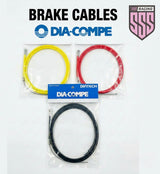 SSS Racing Dia-Compe BRS Brake Cable set in yellow, red and black PVC-coated steel with silver fittings, packaged for bikes.