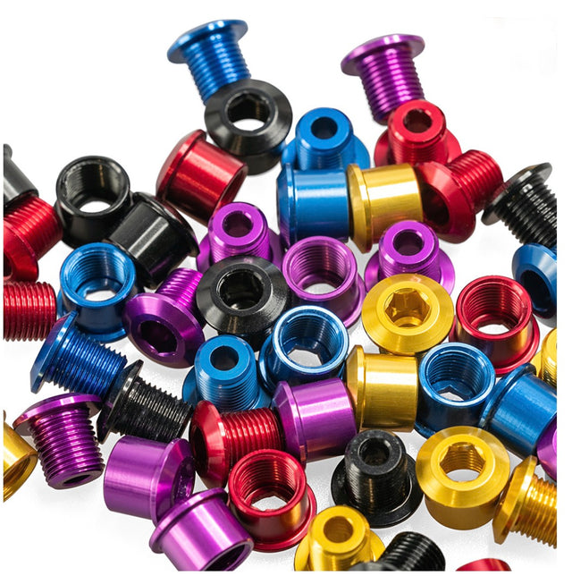 ID Alloy Chainring Bolts by SSS Racing - vibrant anodized aluminum colors: blue, red, purple, gold, black; hex head features