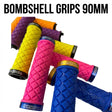 Bombshell 90mm Lock-On Grips (Small) by SSS Racing pink, yellow, blue and purple rubber textured grips with metallic collars.