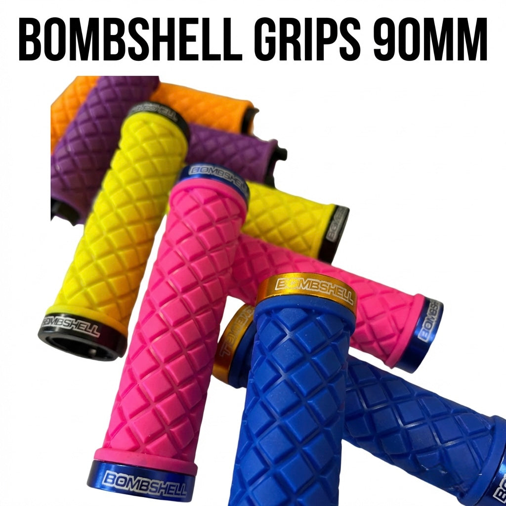 Bombshell 90mm Lock-On Grips (Small) by SSS Racing pink, yellow, blue and purple rubber textured grips with metallic collars.