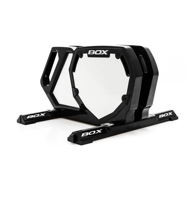 Box One BMX Bike Stand - Black features a bold hexagonal frame, glossy surface, wide rails with BOXx logos, sturdy base.!