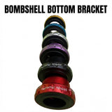 Bombshell Euro Bottom Bracket, SSS Racing edition, anodized aluminum spacers in red, purple, blue, black with silver shine.