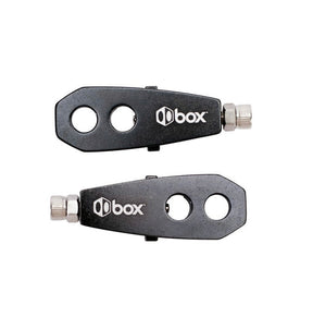 SSS Racing Box Two Chain Tensioners in black aluminum with two large circular holes, silver end nut and compact design grip
