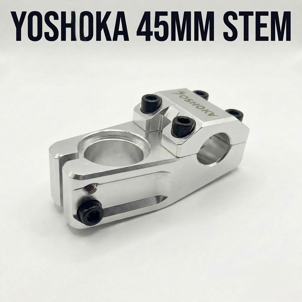 SSS Racing Yoshoka Stem 1-1/8” Steerer 45mm, silver anodized CNC aluminum with black bolts and precise clamp system optimized.