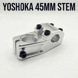 SSS Racing Yoshoka Stem 1-1/8” Steerer 45mm, silver anodized CNC aluminum with black bolts and precise clamp system optimized.