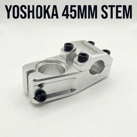 SSS Racing Yoshoka Stem 1-1/8” Steerer 45mm, silver anodized CNC aluminum with black bolts and precise clamp system optimized.