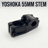 SSS Racing Yoshoka Stem 1-1/8” Steerer 55mm, black anodized aluminum, compact sleek clamp, hex bolts, precise machined finish.