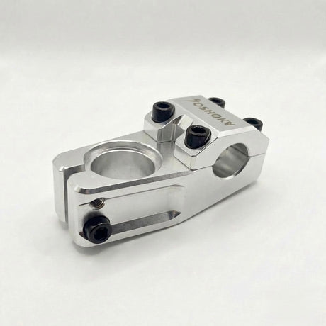 SSS Racing Yoshoka Stem 1-1/8” Steerer 45mm in polished aluminum, silver finish, black bolts, precise clamp, CNC machined.