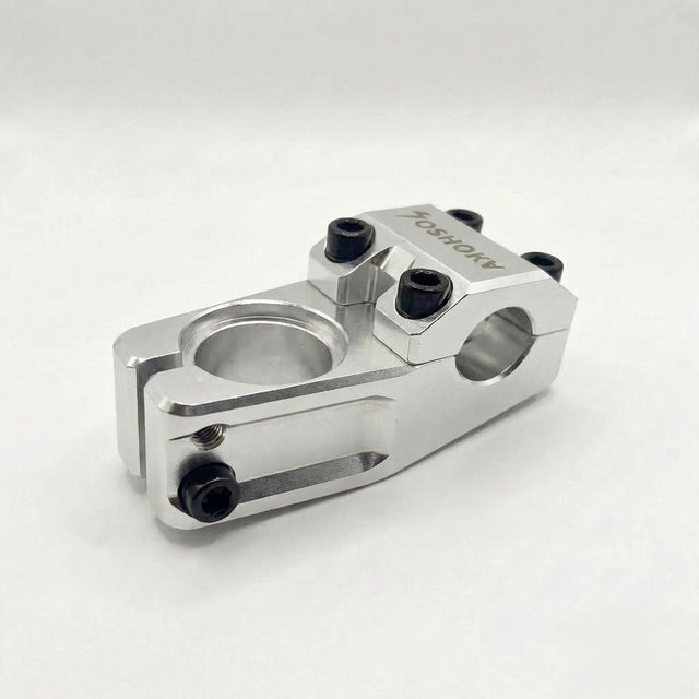 SSS Racing Yoshoka Stem 1-1/8” Steerer 45mm in polished aluminum, silver finish, black bolts, precise clamp, CNC machined.