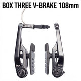 SSS Racing Box Three V-Brake 108mm (Long) black aluminum calipers with grey pads, silver cable, rugged bike component. kit.
