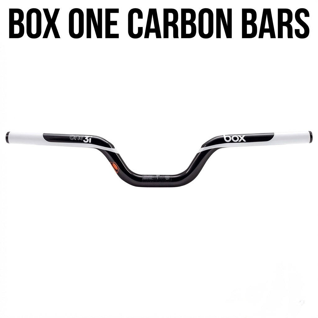 SSS Racing Box One Carbon 22.2mm Handlebar, black carbon fiber with white accents, matte finish, bold logo decals and grip.