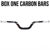 SSS Racing Box One Carbon 22.2mm Handlebar, black carbon fiber with white accents, matte finish, bold logo decals and grip.
