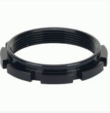 Box One Aluminium Hub Lock Ring, black circular ring with six external lugs and threaded inner surface, compact profile.