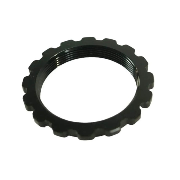 SD Aluminium Hub Lock Ring in black, round gear-cut outer edge and threaded inner bore, precise knurled notch details clear.