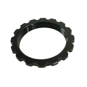 SD Aluminium Hub Lock Ring in black, round gear-cut outer edge and threaded inner bore, precise knurled notch details clear.