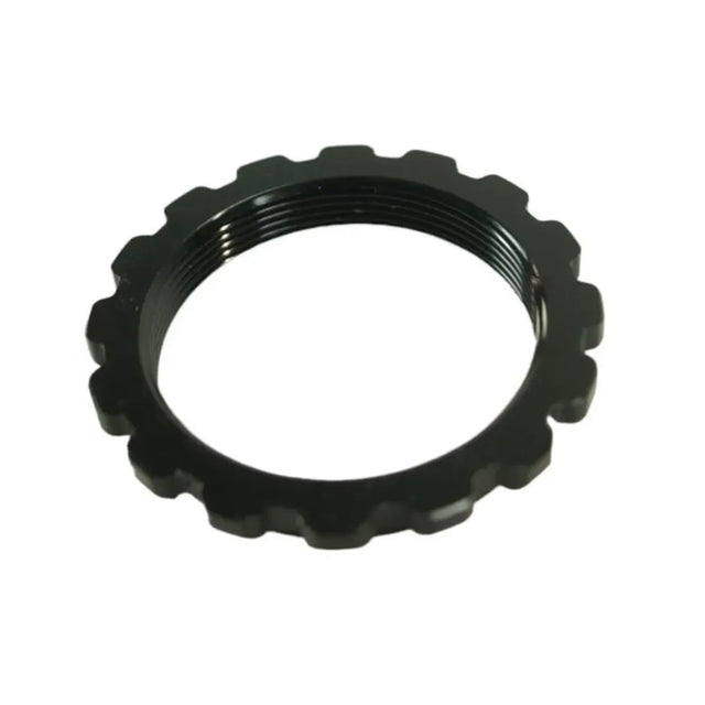 SD Aluminium Hub Lock Ring in black, round gear-cut outer edge and threaded inner bore, precise knurled notch details clear.