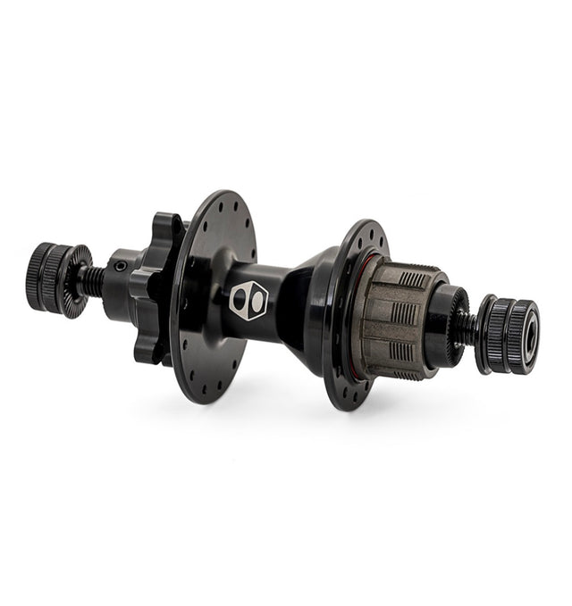 Box Three Stealth Expert Rear Disc Hub, black hub with dual flanges, perforated holes, and textured freehub body and seals.