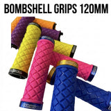 Bombshell 120mm Lock-On Grips (Large) SSS Racing, quilted rubber handles in yellow, pink, purple, blue with metallic rings.