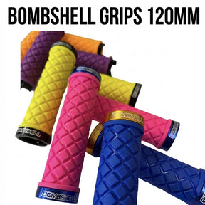 Bombshell 120mm Lock-On Grips (Large) SSS Racing, quilted rubber handles in yellow, pink, purple, blue with metallic rings.