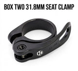 SSS Racing Box Two Quick Release Seat Post Clamp 31.8mm, black aluminum body with silver bolt, compact open clamp, sleek