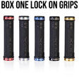 Box One Lock On Grips by SSS Racing: black textured rubber grips with red, silver, blue, black, gold collars and ends today